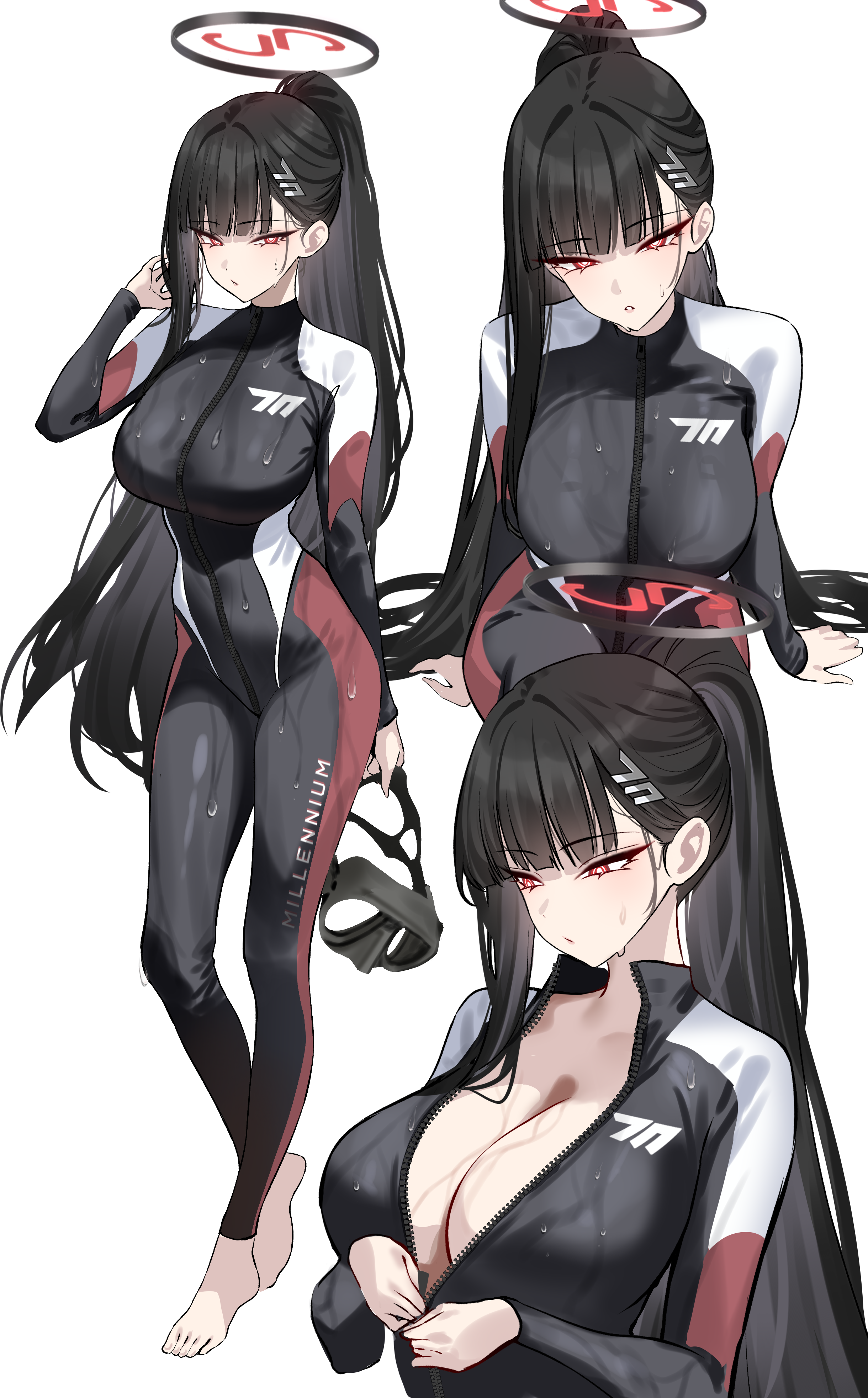 shigure s, rio (blue archive), blue archive, absurdres, commentary, english commentary, highres, 1girl, barefoot, black bodysuit, black hair, black wetsuit, blush, bodysuit, breasts, cleavage, full body, hair ornament, hairclip, halo, high ponytail, holding, long hair, long sleeves, looking at viewer, multiple views, open mouth, ponytail, red eyes, short hair, simple background, standing, very long hair, very short hair, wet, white background