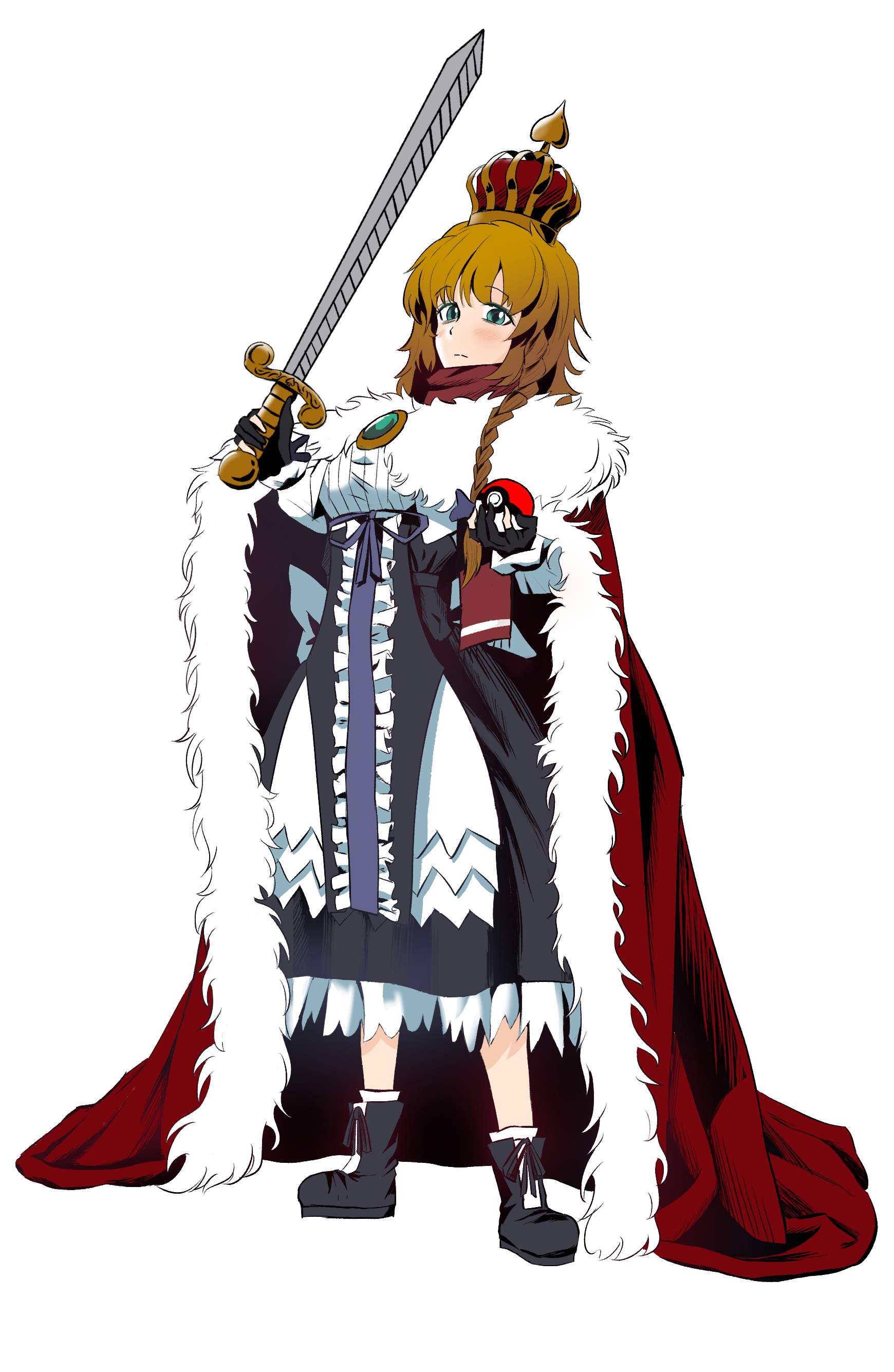 kirisame marisa, mars (cookie), cookie (touhou), nintendo, pokemon, touhou, absurdres, commentary request, highres, 1girl, black boots, black gloves, black skirt, blonde hair, blush, boots, braid, cape, center frills, closed mouth, crown, expressionless, frills, full body, fur-trimmed cape, fur trim, gloves, green brooch, green eyes, high-waist skirt, holding, holding poke ball, holding sword, holding weapon, long hair, long sleeves, looking at viewer, nabezoko (nicovideo128130479), partially fingerless gloves, poke ball, red cape, red scarf, scarf, shirt, side braid, simple background, single braid, skirt, solo, sword, weapon, white background, white shirt
