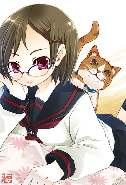 kaisanbutsu, tagme, cat, glasses, meganneko, school uniform, serafuku, solo
