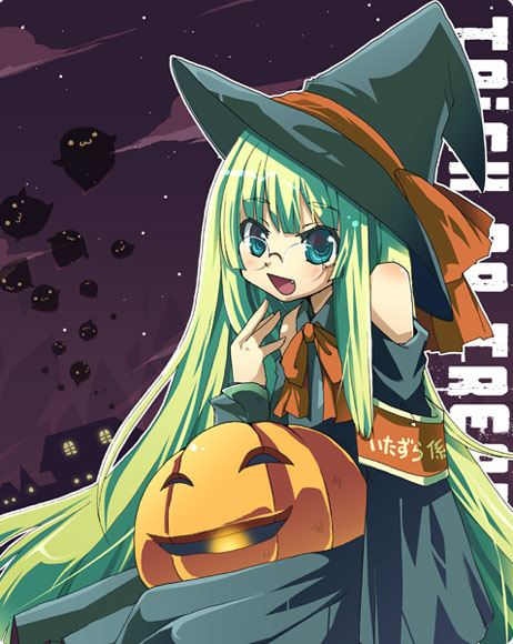 kaisanbutsu, 1girl, female focus, glasses, green hair, halloween, jack-o'-lantern, pumpkin, purple background, solo, trick or treat, witch