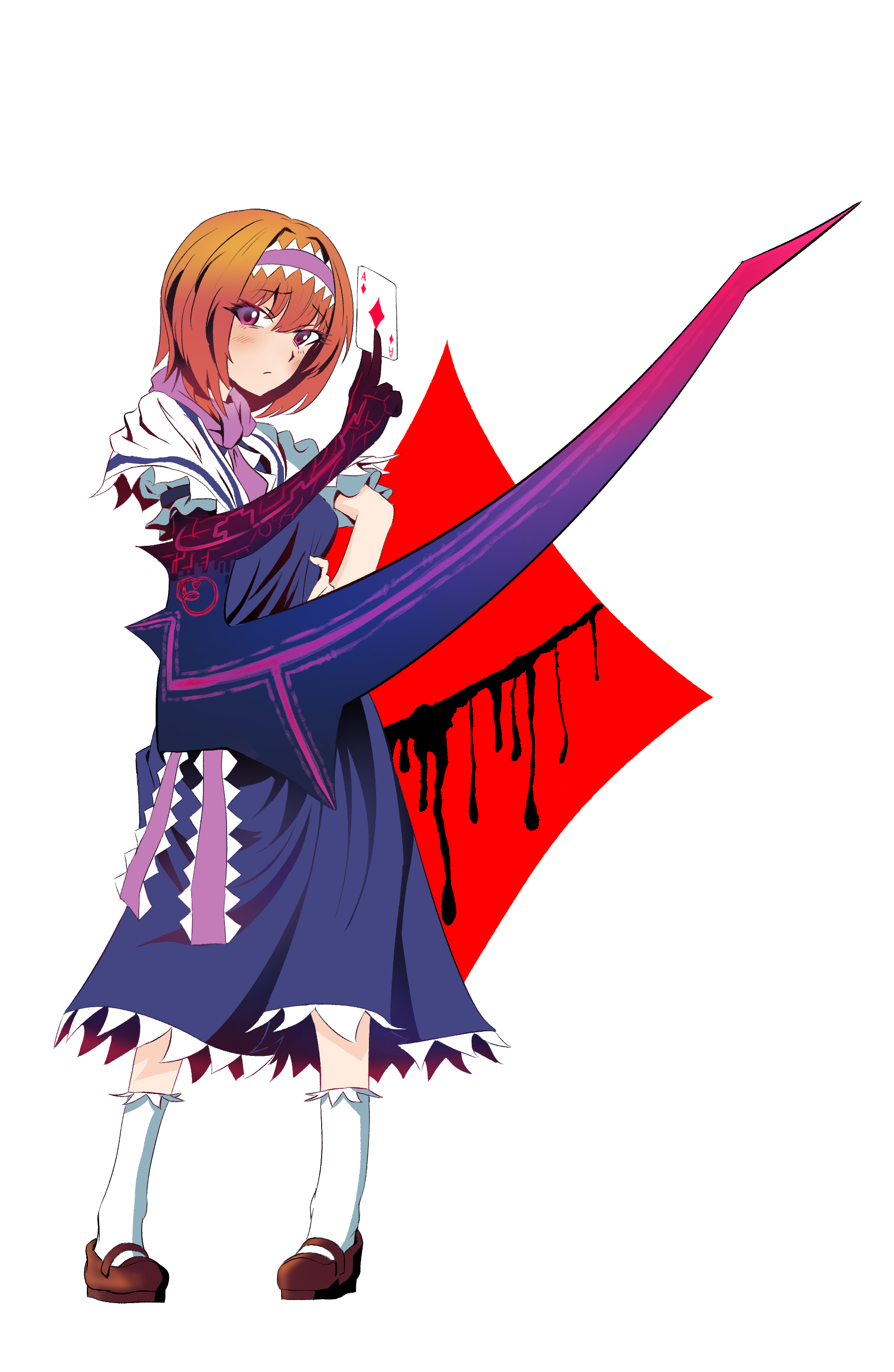 alice margatroid, hinase (cookie), cookie (touhou), dies irae, shinza bansho series, touhou, absurdres, commentary request, highres, 1girl, ace (playing card), ace of diamonds, blue dress, bois de justice, brown shoes, capelet, card, closed mouth, diamond (shape), dress, frilled hairband, frills, full body, hairband, holding, holding card, loafers, looking at viewer, nabezoko (nicovideo128130479), neckerchief, orange hair, pink hairband, pink neckerchief, playing card, raised inner eyebrows, red eyes, shoes, short hair, simple background, socks, solo, standing, white background, white capelet, white socks