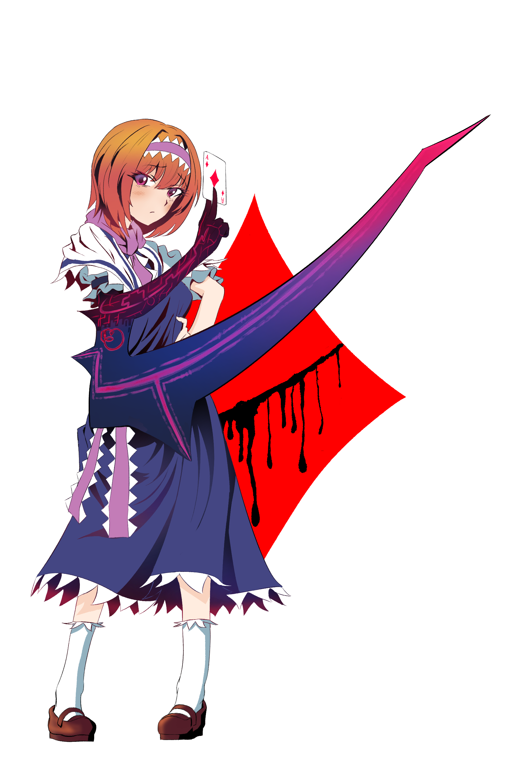 alice margatroid, hinase (cookie), cookie (touhou), dies irae, shinza bansho series, touhou, absurdres, commentary request, highres, 1girl, ace (playing card), ace of diamonds, blue dress, bois de justice, brown shoes, capelet, card, closed mouth, diamond (shape), dress, frilled hairband, frills, full body, hairband, holding, holding card, loafers, looking at viewer, nabezoko (nicovideo128130479), neckerchief, orange hair, pink hairband, pink neckerchief, playing card, raised inner eyebrows, red eyes, shoes, short hair, simple background, socks, solo, standing, transparent background, white capelet, white socks