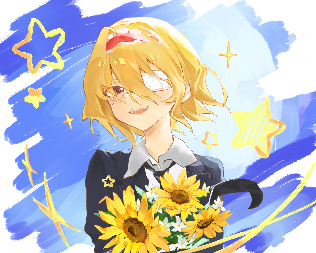 whiterolo, alice margatroid, hinase (cookie), cookie (touhou), monitoring (vocaloid), touhou, commentary request, 1girl, alternate costume, black jacket, black necktie, blonde hair, blue background, brown eyes, collared shirt, eyepatch, flower, frilled hairband, frills, hairband, jacket, looking at viewer, medical eyepatch, necktie, open mouth, red hairband, shirt, short hair, smile, solo, star (symbol), sunflower, upper body, white shirt, yellow flower