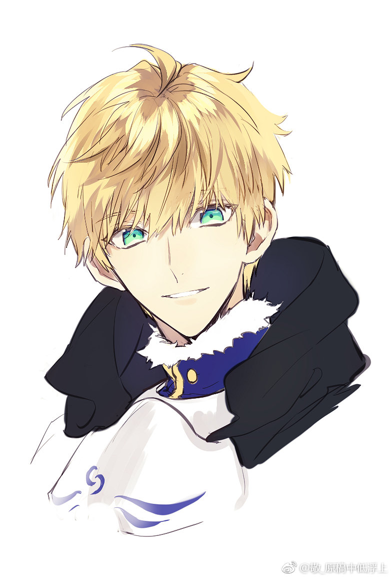 xrjingx, arthur pendragon (fate), fate/prototype, fate (series), archived source, 1boy, aqua eyes, blonde hair, fur-trimmed collar, fur trim, green eyes, male focus, portrait, short hair, smile, solo, watermark, weibo watermark, white background