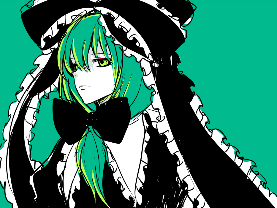 harano, kagiyama hina, touhou, 1girl, bow, closed mouth, collar, expressionless, eyeshadow, female focus, frills, front ponytail, green background, green eyes, green hair, hair bow, lips, makeup, matching hair/eyes, shawl, simple background, solo, upper body