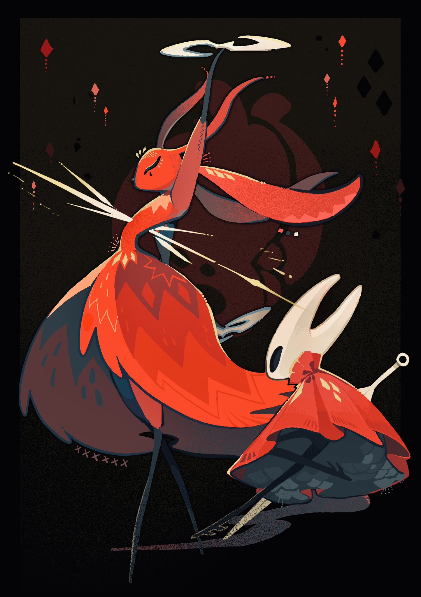 hornet (hollow knight), hollow knight, hollow knight: silksong, highres, 2girls, ant girl, antennae, arthropod girl, black eyes, black skin, cloak, closed eyes, colored skin, dress, full body, holding, holding weapon, hollow eyes, horned mask, horns, looking at another, mask, multicolored skin, multiple girls, needle (hollow knight), no mouth, red cloak, red dress, red skin, skarrsinger karmelita (hollow knight), spinning weapon, ssqx28ndw0vur8t, standing, weapon, white mask