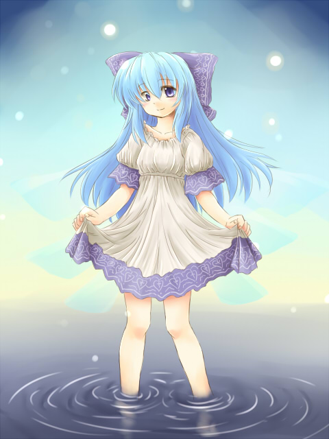 kakkou, cirno, touhou, 1girl, aged up, alternate hairstyle, bow, female focus, long hair, solo, water