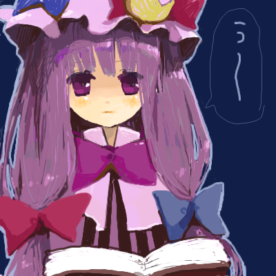fujiyama, rin (artist), patchouli knowledge, touhou, striped, lowres, 1girl, blue background, book, bow, collar, crescent, female focus, hair bow, hat, looking at viewer, mob cap, open book, purple eyes, purple hair, sidelocks, simple background, solo, speech bubble, talking, text focus, upper body, vertical stripes