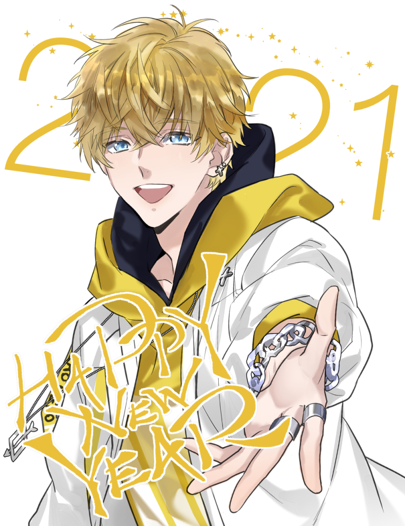xrjingx, archived source, character request, copyright request, non-web source, 1boy, 2021, blonde hair, blue eyes, chain, chain bracelet, cross, cross earrings, earrings, happy new year, jewelry, multiple rings, new year, open mouth, ring, short hair, smile, solo, teeth, upper body, upper teeth only, white background