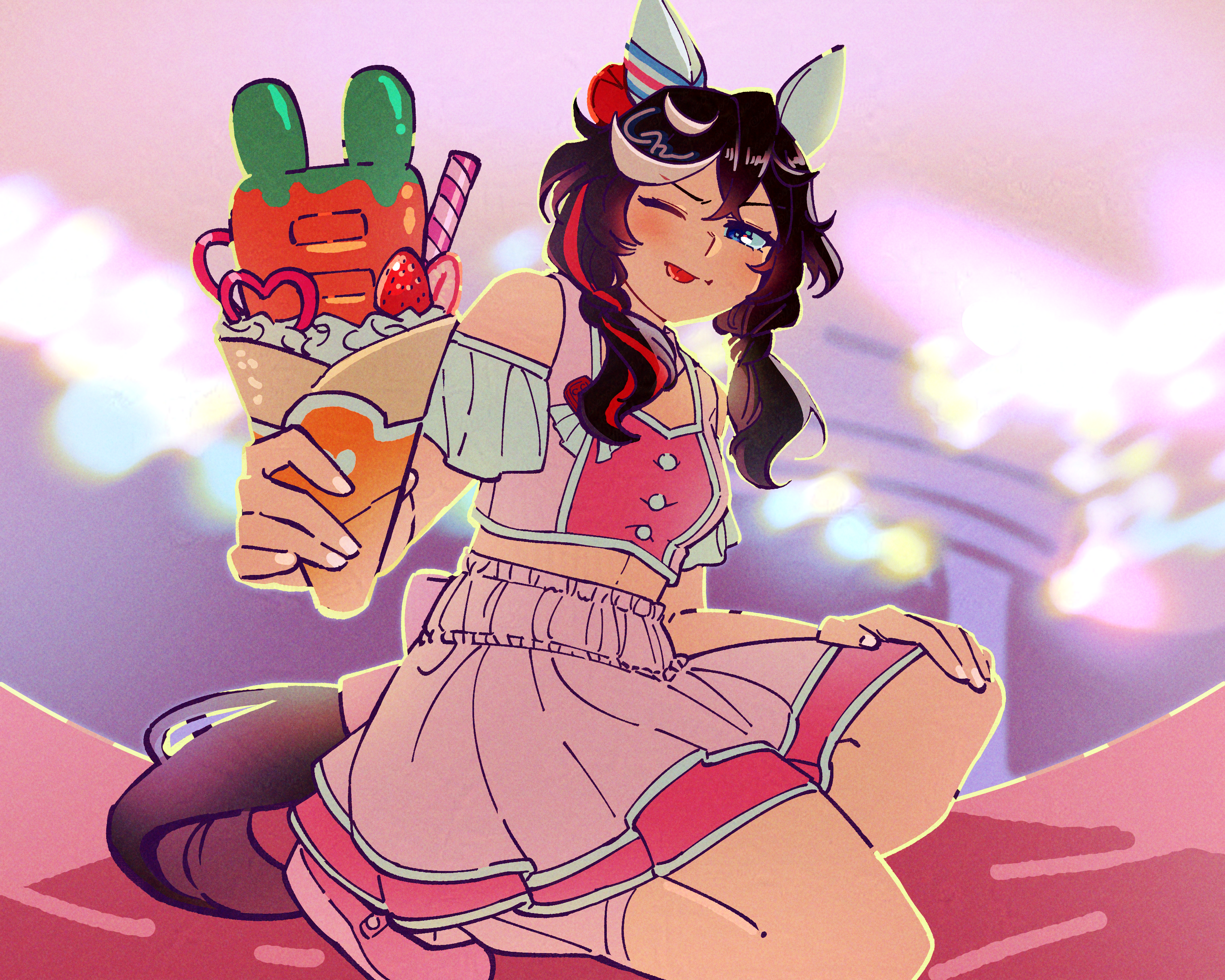gaman, katsuragi ace (umamusume), umamusume, absurdres, commentary request, highres, 1girl, alternate costume, alternate hairstyle, animal ears, back bow, bare shoulders, black hair, blue eyes, blush, bow, breasts, crepe, crop top, ear covers, ear ornament, food, hair between eyes, hair ornament, hand on own knee, holding, horse ears, horse girl, horse tail, kneeling, multicolored hair, one eye closed, open mouth, pink bow, pink shoes, pink skirt, pleated skirt, shoes, skirt, small breasts, smile, solo, streaked hair, tail, tassel, tassel hair ornament, twintails, white hair