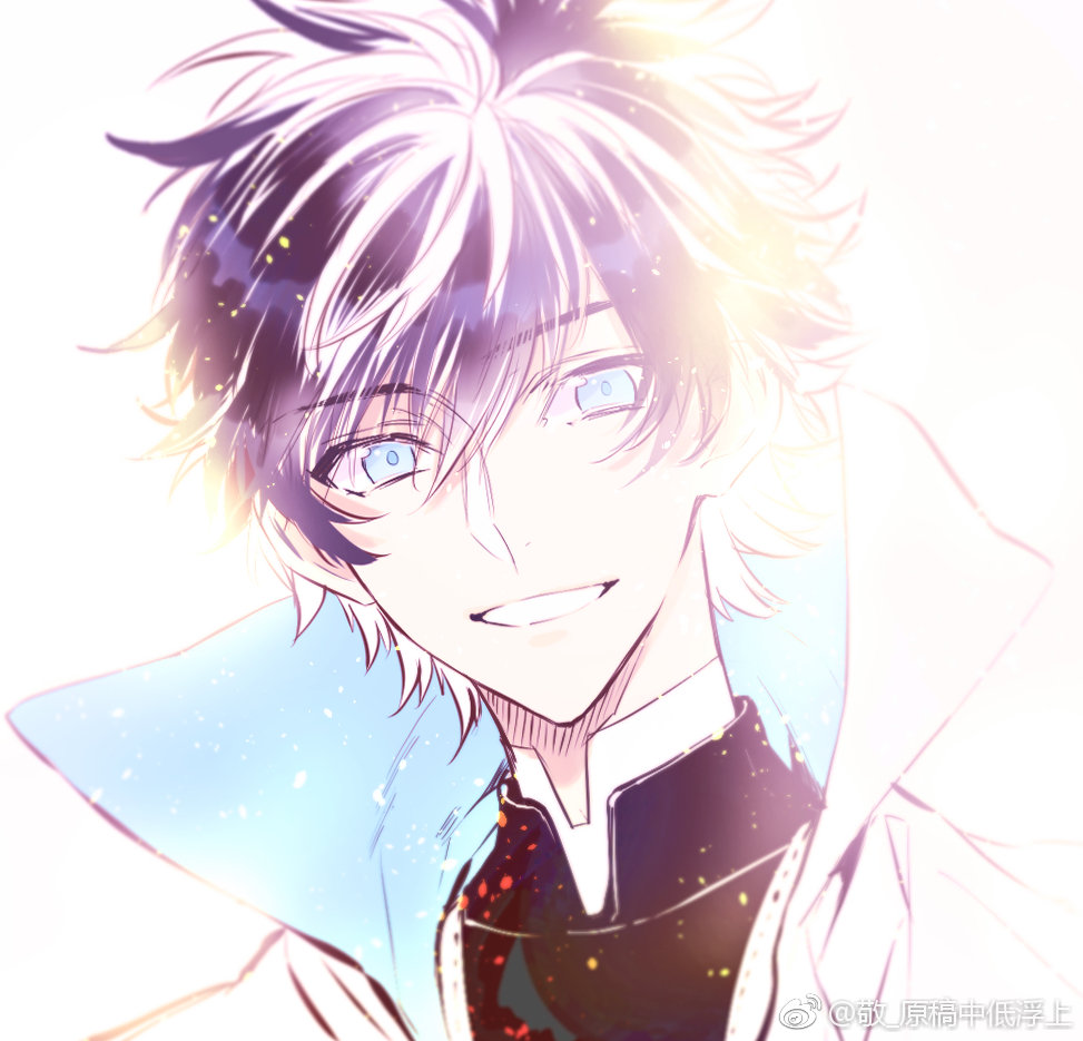 xrjingx, charlemagne (fate), fate/extella, fate/extella link, fate/extra, fate (series), archived source, 1boy, black hair, blue eyes, grin, high collar, male focus, multicolored hair, portrait, smile, solo, streaked hair, teeth, two-tone hair, white hair