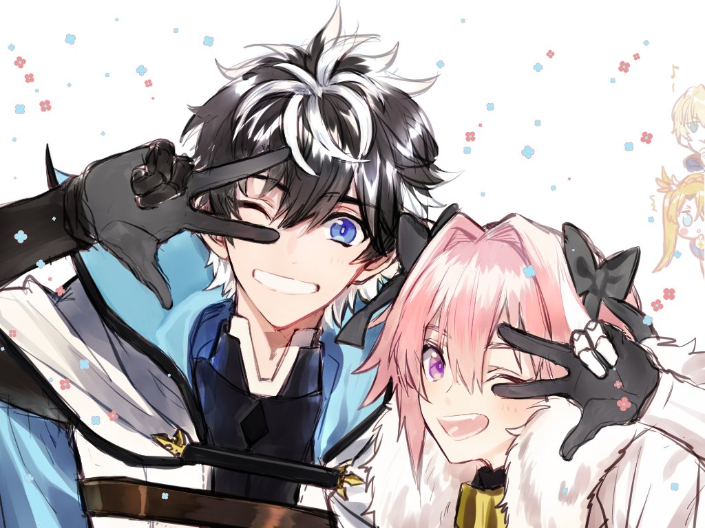 xrjingx, astolfo (fate), bradamante (fate), charlemagne (fate), roland (fate), fate/apocrypha, fate/extella, fate/extella link, fate/extra, fate/grand order, fate (series), archived source, 1girl, 3boys, black hair, blue eyes, bow, cape, fur-trimmed cape, fur trim, gauntlets, grin, hair bow, high collar, multicolored hair, multiple boys, one eye closed, open mouth, pink hair, purple eyes, smile, streaked hair, teeth, two-tone hair, upper body, v, v over eye, white hair