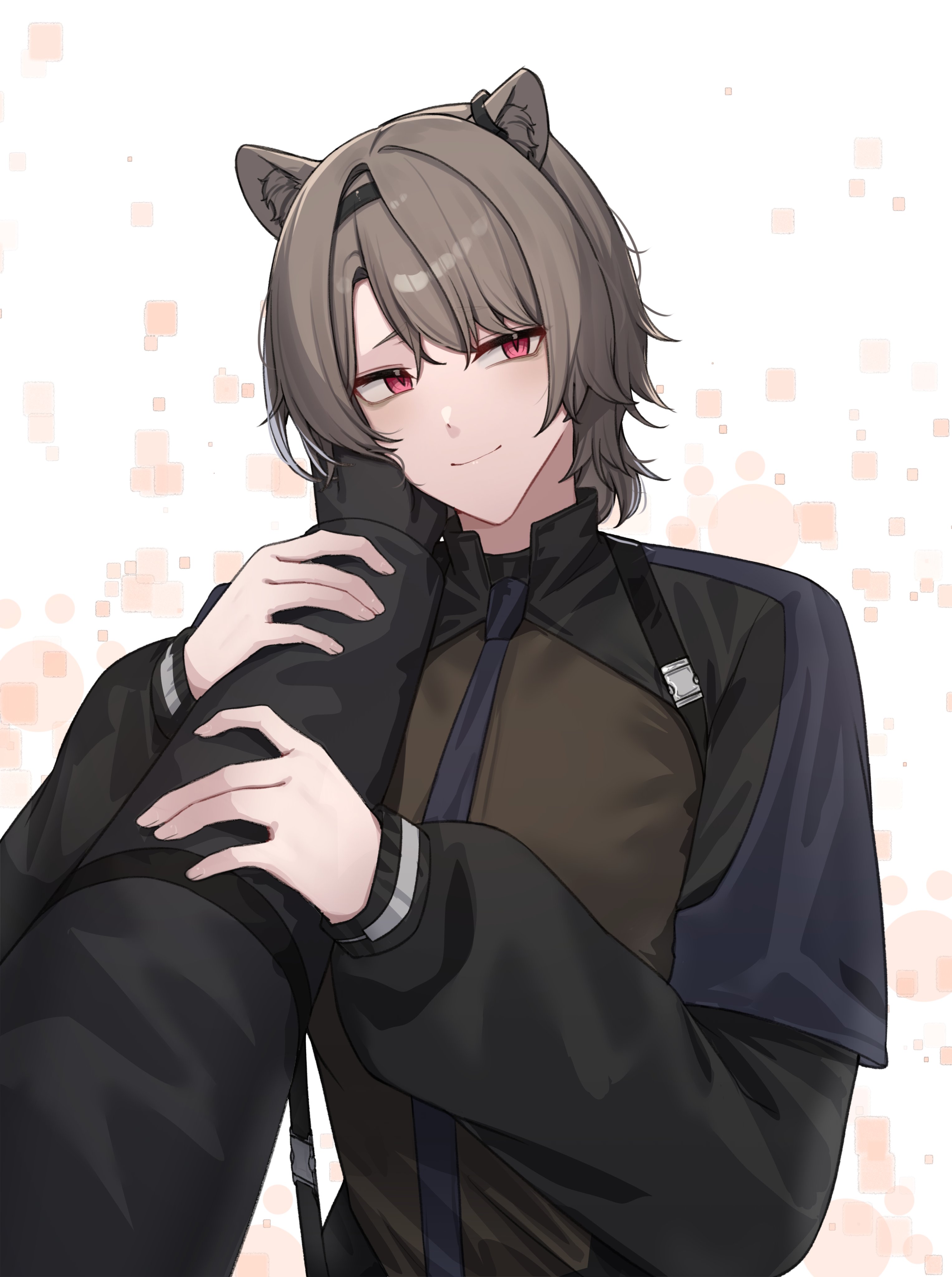 ant k, absinthe (arknights), arknights, absurdres, highres, 1girl, animal ear fluff, animal ears, black hairband, black jacket, brown jacket, closed mouth, hairband, hand on another's cheek, hand on another's face, hands on another's arms, jacket, long sleeves, looking at viewer, pov, pov hands, red eyes, smile, white background