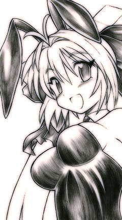 gomamiso (gomamiso sp), usada hikaru, di gi charat, lowres, 1girl, :d, animal ears, blush, bow, breasts, detached collar, fake animal ears, female focus, greyscale, hair bow, long hair, monochrome, oekaki, open mouth, playboy bunny, rabbit ears, ribbon, simple background, smile, solo, twintails, upper body, white background