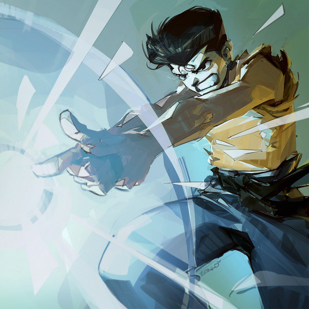 ben lo, urameshi yusuke, yuu yuu hakusho, highres, 1boy, black eyes, black hair, clenched teeth, feet out of frame, hair slicked back, male focus, narrowed eyes, own hands together, pointing, shirt, short hair, solo, teeth, toned, toned male, torn clothes, yellow shirt