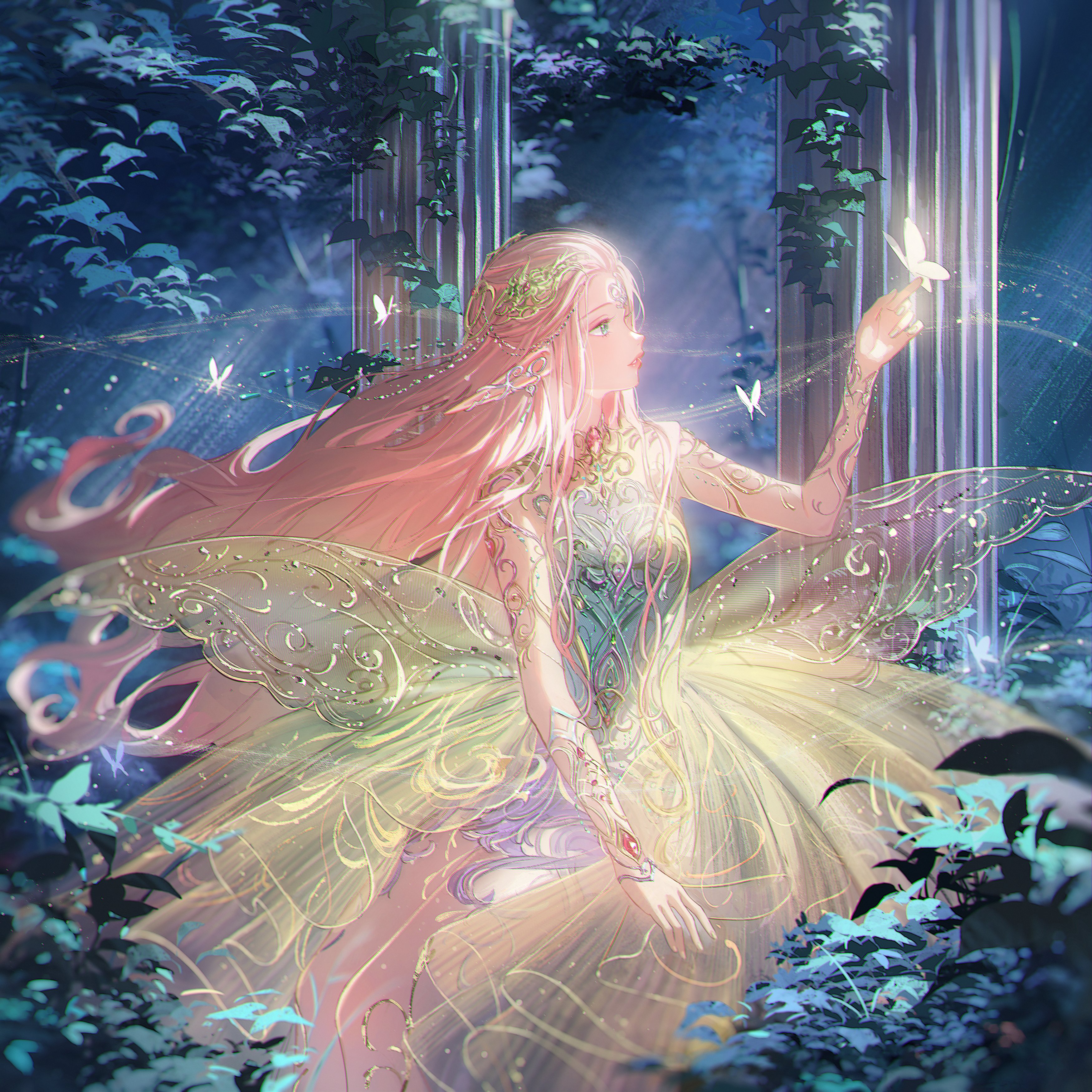 aki a0623, nikki (series), shining nikki, absurdres, highres, official art, second-party source, 1girl, aqua dress, asymmetrical dress, bare legs, beads, blue eyes, bug, bush, butterfly, butterfly on hand, circlet, cowboy shot, dress, earrings, eyeshadow, fairy, floating hair, forehead jewel, forest, gold necklace, gown, hair beads, hair ornament, hand on lap, insect, jewelry, light particles, lipstick, long dress, long hair, long pointy ears, magic, makeup, nature, necklace, night, noctis arcanum lumen (shining nikki), official alternate color, outdoors, parted lips, pillar, pink eyeshadow, pink hair, pink lips, pointy ears, pointy nose, solo, tree, two-tone dress, very long hair, wind, yellow butterfly, yellow dress