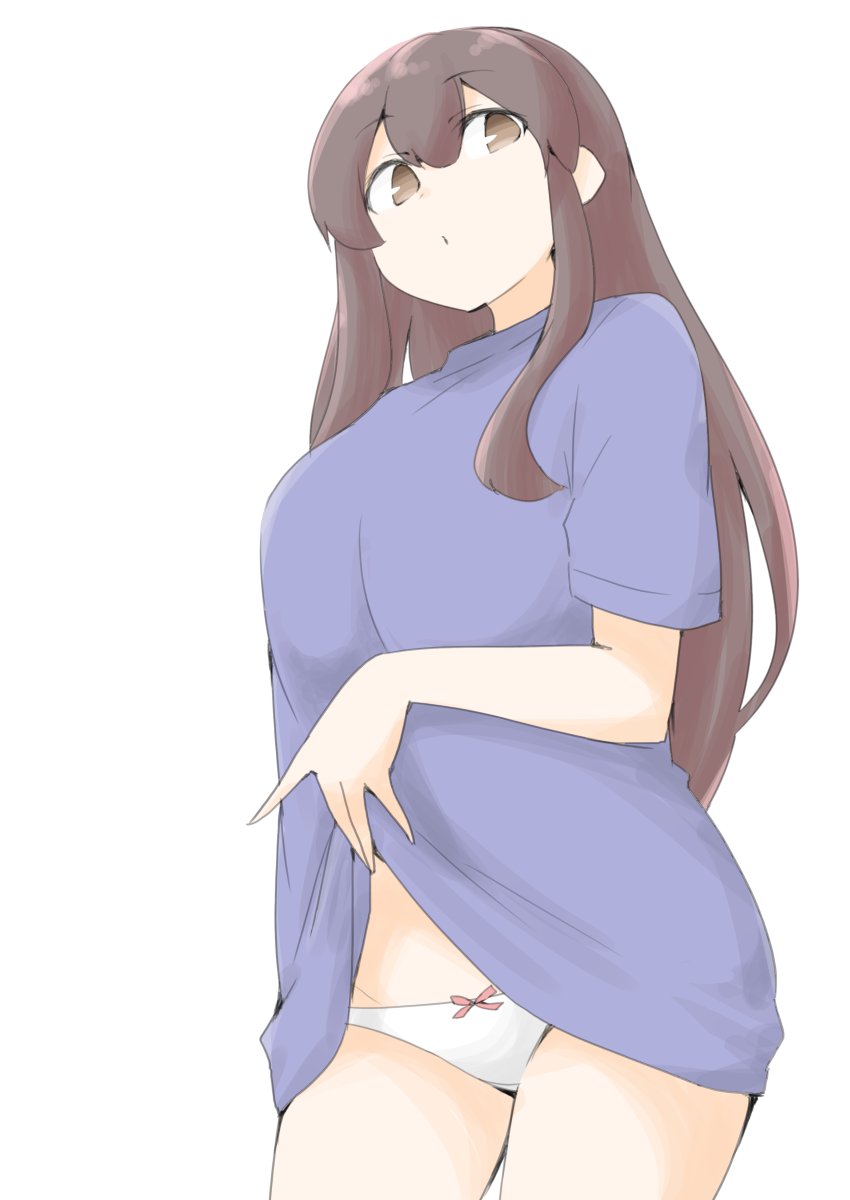 akara kai, akagi (kancolle), kantai collection, highres, 1girl, blush, breasts, brown hair, cowboy shot, large breasts, lifting own clothes, long hair, looking at viewer, panties, purple shirt, shirt, simple background, solo, underwear, white background