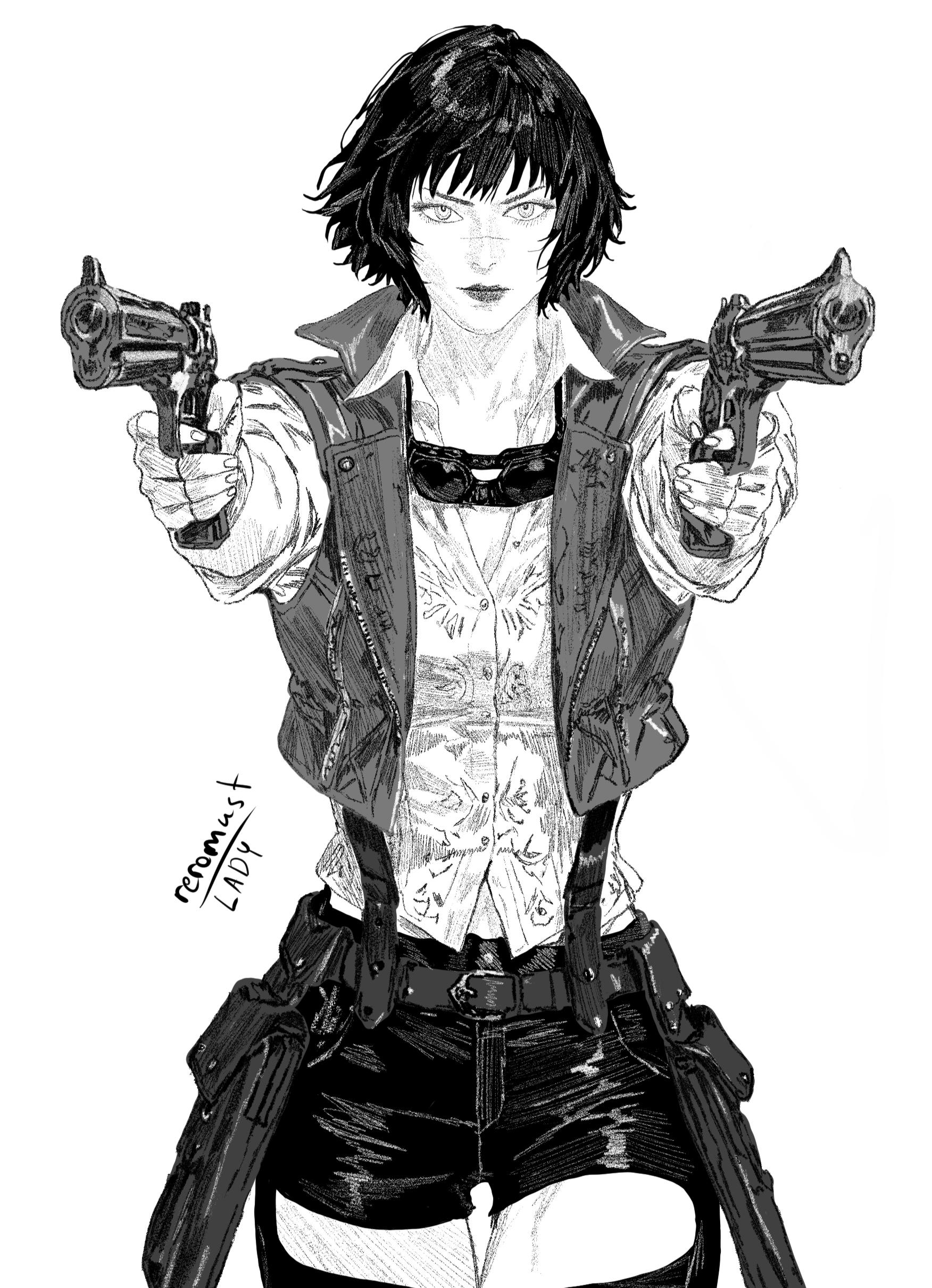 lady (devil may cry), devil may cry (series), absurdres, highres, 1girl, aiming, artist name, black hair, black shorts, character name, goggles, goggles around neck, greyscale, gun, handgun, holding, holding gun, holding weapon, jacket, looking at viewer, midriff peek, monochrome, scar, scar on face, scar on nose, shirt, shorts, simple background, stafa, weapon, white background