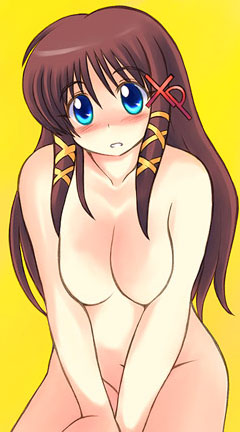 gomamiso (gomamiso sp), xp-tan, os-tan, lowres, 1girl, blue eyes, breasts, brown hair, covering privates, embarrassed, female focus, long hair, nude, solo
