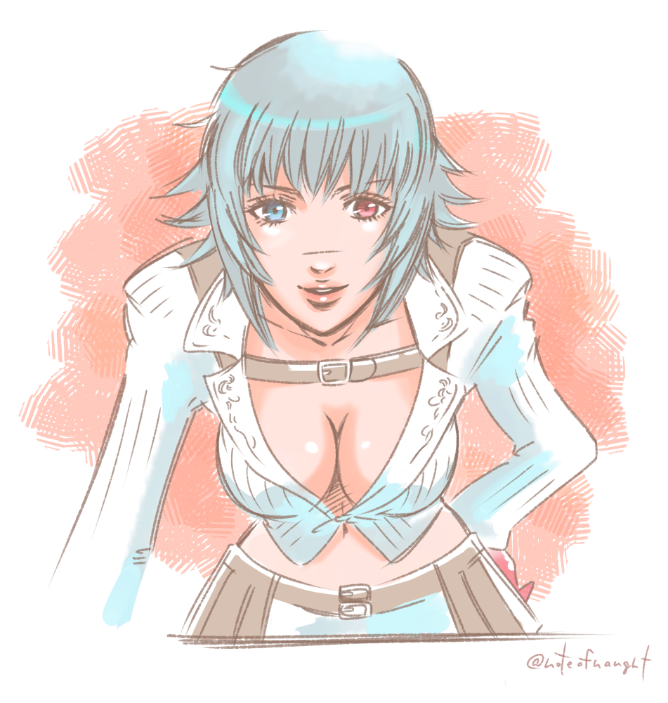 allie (united f), lady (devil may cry), devil may cry, devil may cry (series), devil may cry 4, 1girl, artist name, black hair, breasts, cleavage, green eyes, hand on own hip, heterochromia, jacket, midriff, no bra, parted lips, red eyes, scar, scar on face, scar on nose, smile, white jacket