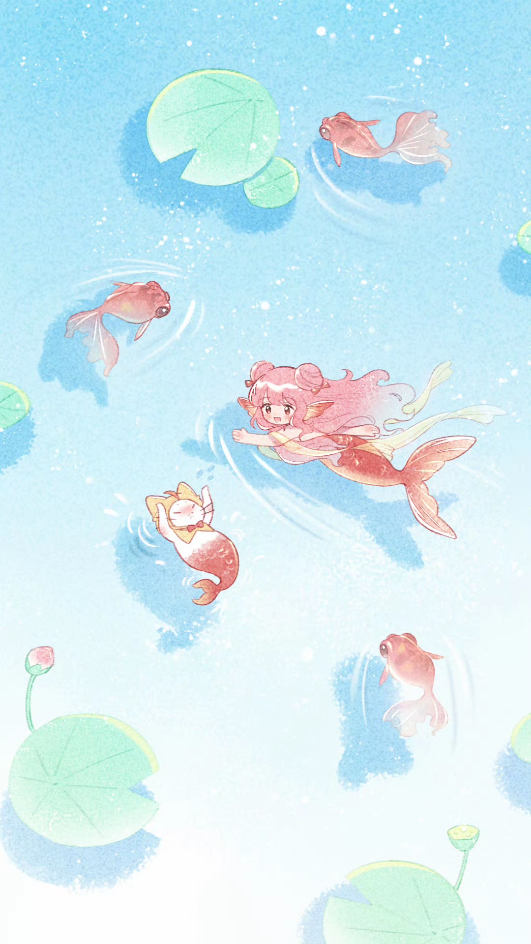 momo (nikki), nikki (nikki), nikki (series), shining nikki, artist request, highres, official art, second-party source, 1girl, ahoge, animal, bare arms, bare shoulders, blush, bow, bowtie, brown eyes, bud, cat, chibi, cloak, clothed animal, double bun, ear covers, fins, fish, fish tail, flying sweatdrops, goldfish, hair bun, happy, head fins, hood, hood up, hooded cloak, lily pad, long hair, looking at animal, mermaid, monster girl, monsterification, notice lines, pink hair, red bow, red bowtie, red tail, ripples, shadow, shawl, swimming, tail, traditional bowtie, very long hair, wavy hair, white cat, yellow cloak, yellow shawl