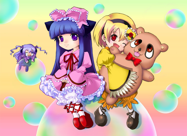 fuzuki imeri, barasuishou, furude rika, hanyuu, hinaichigo, houjou satoko, kanaria, kunkun, higurashi no naku koro ni, rozen maiden, 2girls, barasuishou (cosplay), blonde hair, bow, cosplay, hinaichigo (cosplay), imeri (artist), kanaria (cosplay), maid, multiple girls, open mouth, parody, pink bow, stuffed animal, stuffed toy, teddy bear