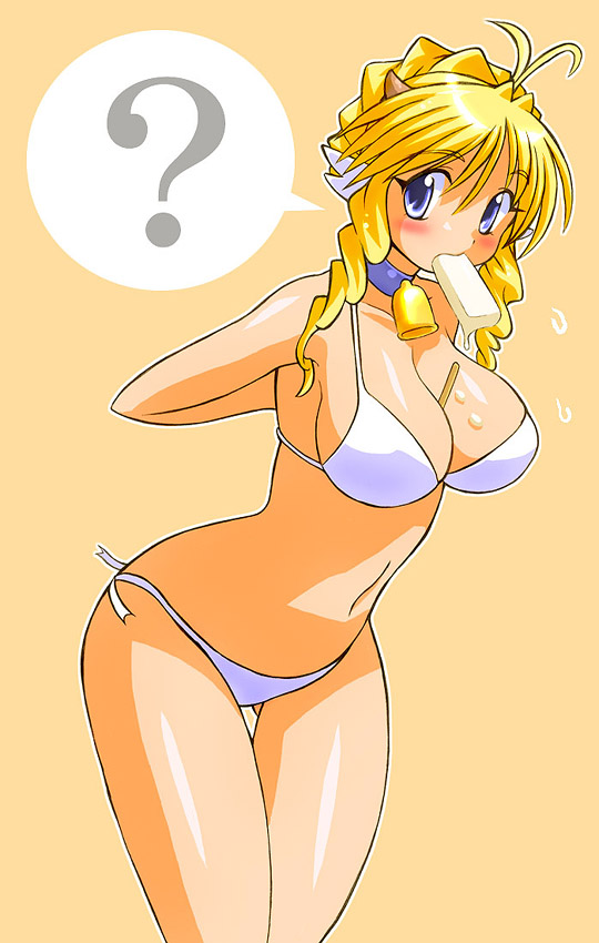 gomamiso (gomamiso sp), ushita kaoruko, original, 1girl, ?, animal ears, bell, between breasts, bikini, blonde hair, blue eyes, blush, breasts, choker, cow ears, cow horns, cowbell, female focus, food, horns, large breasts, long hair, popsicle, simple background, solo, swimsuit, wide hips