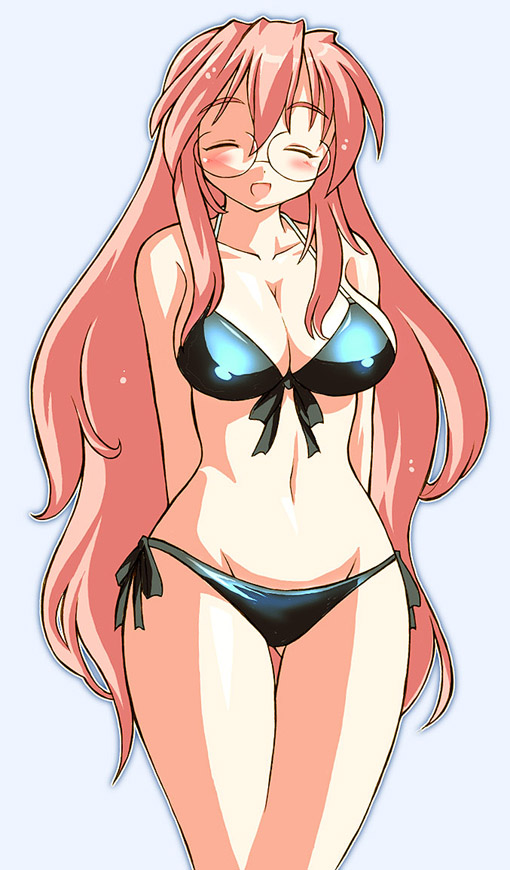 gomamiso (gomamiso sp), takara miyuki, lucky star, 00s, 1girl, bikini, blush, breasts, closed eyes, female focus, glasses, large breasts, long hair, pink hair, side-tie bikini bottom, solo, swimsuit, very long hair, wide hips