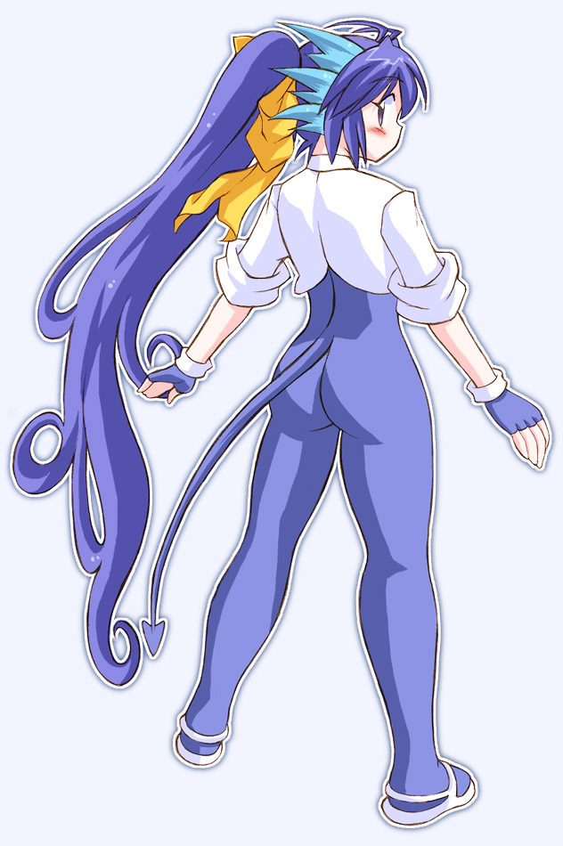 gomamiso (gomamiso sp), miwajou, original, 1girl, ass, blue background, blue eyes, blue hair, blush, female focus, full body, long hair, matching hair/eyes, outline, ponytail, simple background, skin tight, sleeves rolled up, solo, standing, tail, very long hair, white outline
