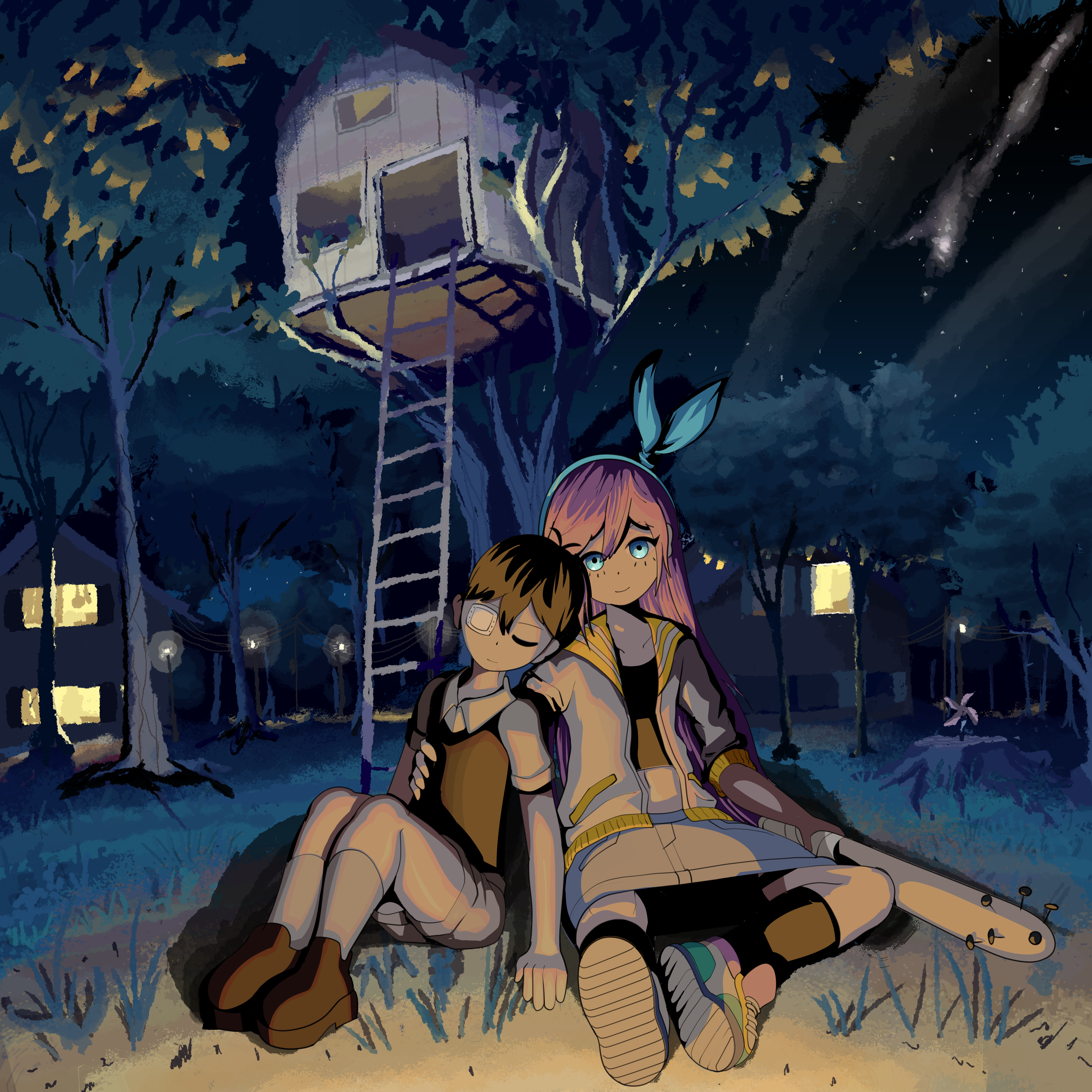 elecmaw, aubrey (omori), sunny (omori), omori, absurdres, highres, 1boy, 1girl, black hair, blue eyes, long hair, pink hair, rottenmelons, short hair, skirt, sleeping, smile, stairs, sunburn, treehouse