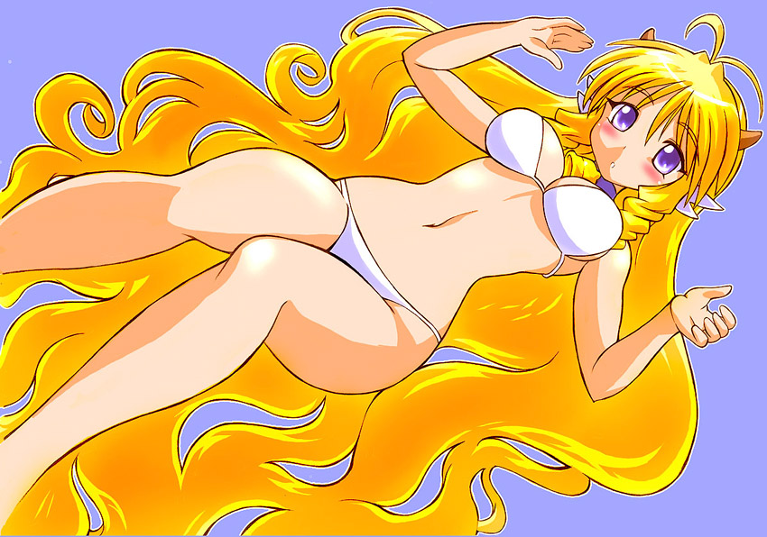 gomamiso (gomamiso sp), ushita kaoruko, original, 1girl, absurdly long hair, bikini, blonde hair, blue background, blush, breasts, female focus, horns, large breasts, long hair, outline, purple eyes, simple background, solo, swimsuit, very long hair, white bikini