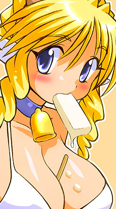 gomamiso (gomamiso sp), ushita kaoruko, original, lowres, 1girl, blonde hair, blush, breasts, female focus, food, long hair, popsicle, purple eyes, solo, swimsuit