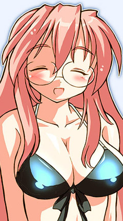 gomamiso (gomamiso sp), takara miyuki, lucky star, lowres, 00s, 1girl, bikini, blush, breasts, closed eyes, female focus, glasses, large breasts, long hair, pink hair, solo, swimsuit