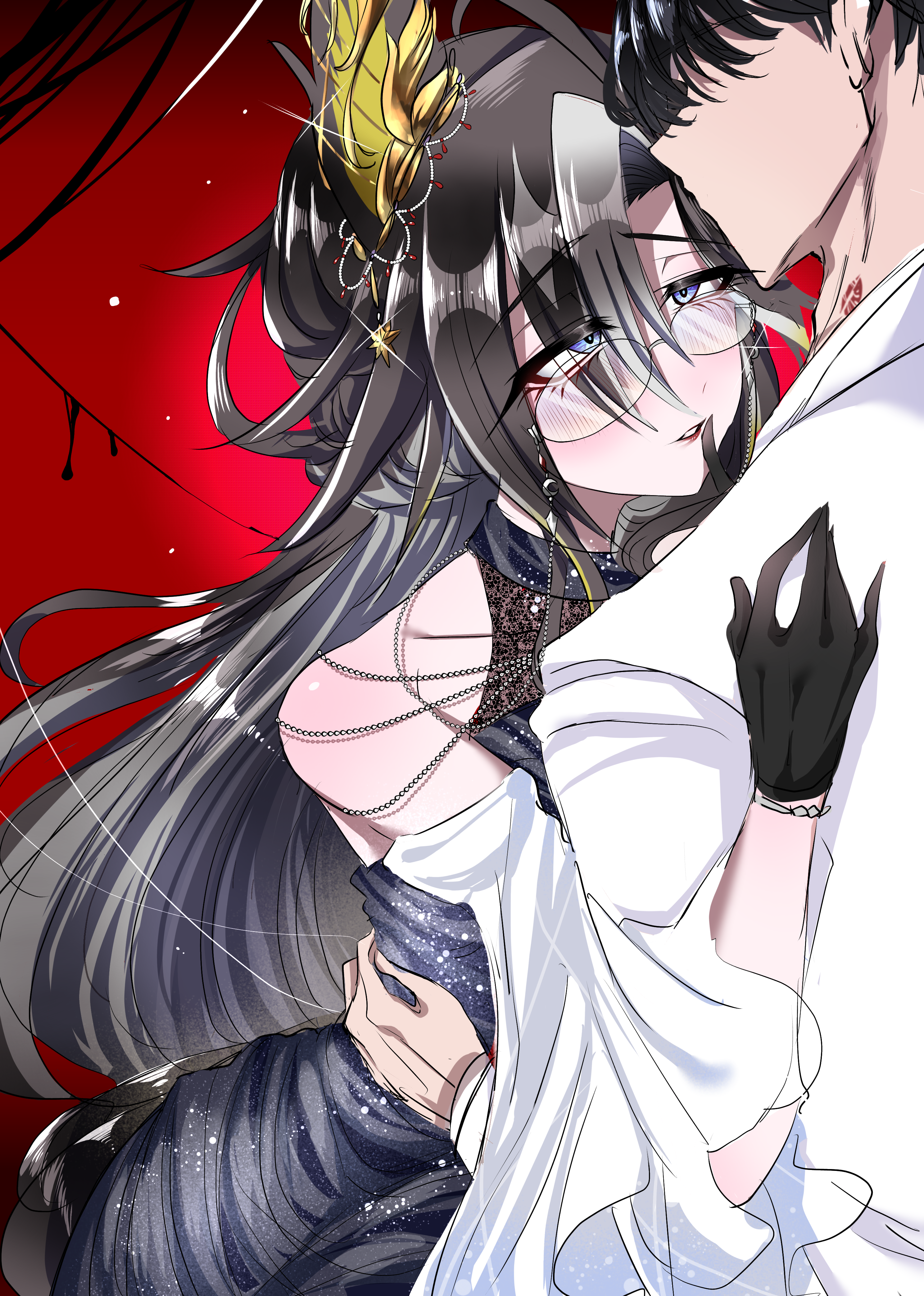 suya (jzup2735), dream journey (a dreamy invitation) (umamusume), dream journey (umamusume), trainer (umamusume), umamusume, absurdres, commentary request, highres, translation request, 1boy, 1girl, animal ears, bare shoulders, black hair, blue dress, blue eyes, collared shirt, dress, earrings, eyewear strap, glasses, gloves, hetero, horse girl, hug, jewelry, lipstick, makeup, multicolored hair, shirt, single earring, streaked hair, white hair