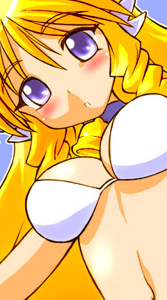 gomamiso (gomamiso sp), ushita kaoruko, original, lowres, 1girl, bikini, blonde hair, blush, breasts, drill hair, female focus, long hair, purple eyes, solo, swimsuit