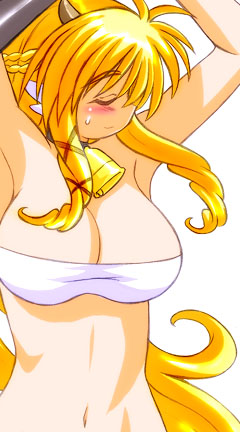 gomamiso (gomamiso sp), ushita kaoruko, original, lowres, 1girl, animal ears, armpits, arms up, bell, bikini, blonde hair, blush, breasts, cleavage, closed eyes, cow ears, female focus, horns, large breasts, long hair, solo, swimsuit, white bikini