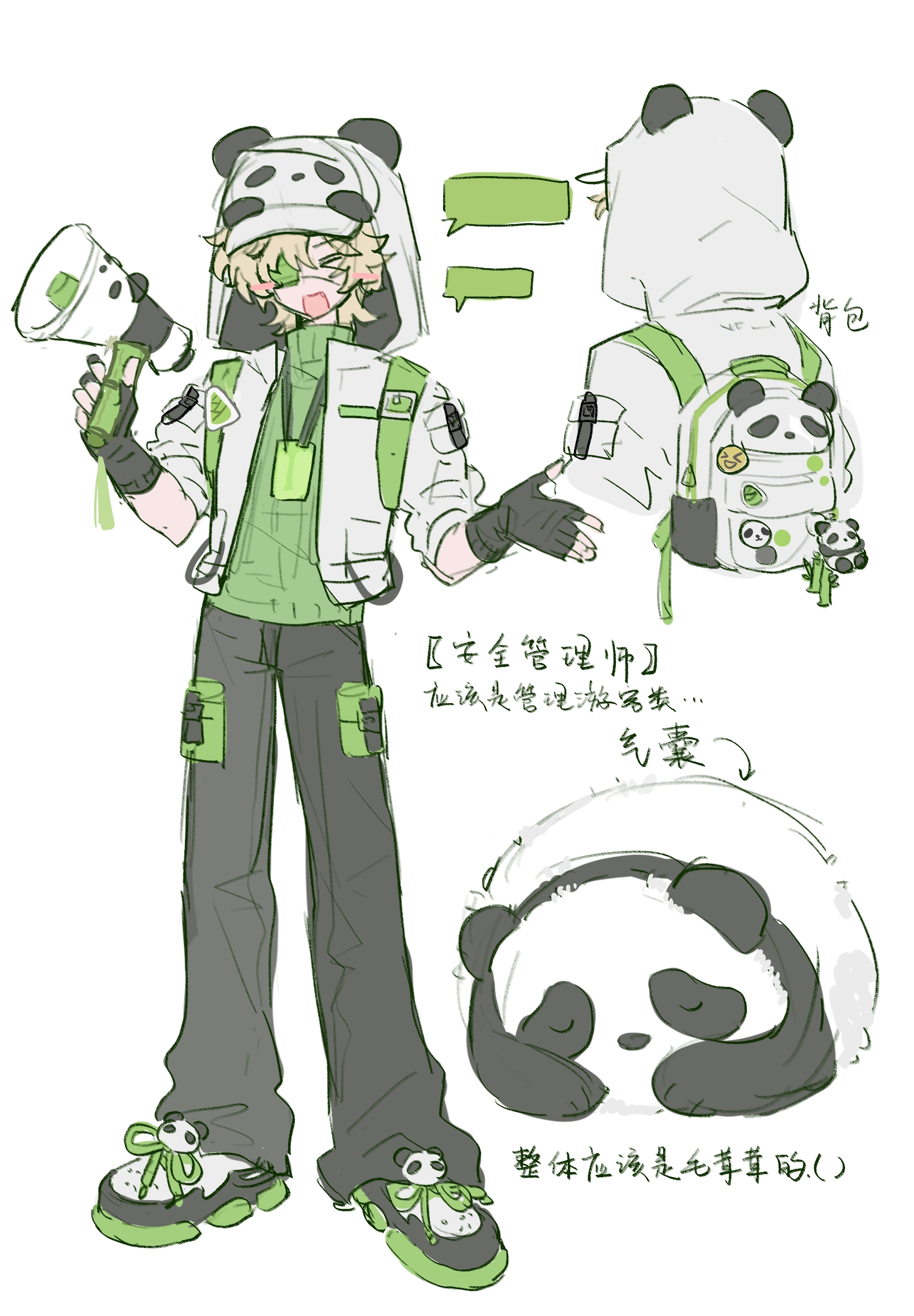 florian brand, identity v, highres, > <, 1boy, :d, alternate costume, animal hood, backpack, bag, blonde hair, blush stickers, chinese text, closed eyes, eyepatch, fingerless gloves, gloves, holding, holding megaphone, hood, jacket, lixiao62108, megaphone, open mouth, panda, panda bag, panda hat, panda hood, smile, speech bubble, turtleneck, white background, white jacket, xd