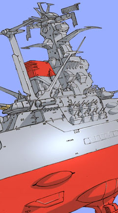 gomamiso (gomamiso sp), yamato (uchuu senkan yamato), uchuu senkan yamato, lowres, 1970s (style), battleship, military, military vehicle, no humans, oldschool, retro artstyle, ship, spacecraft, warship, watercraft