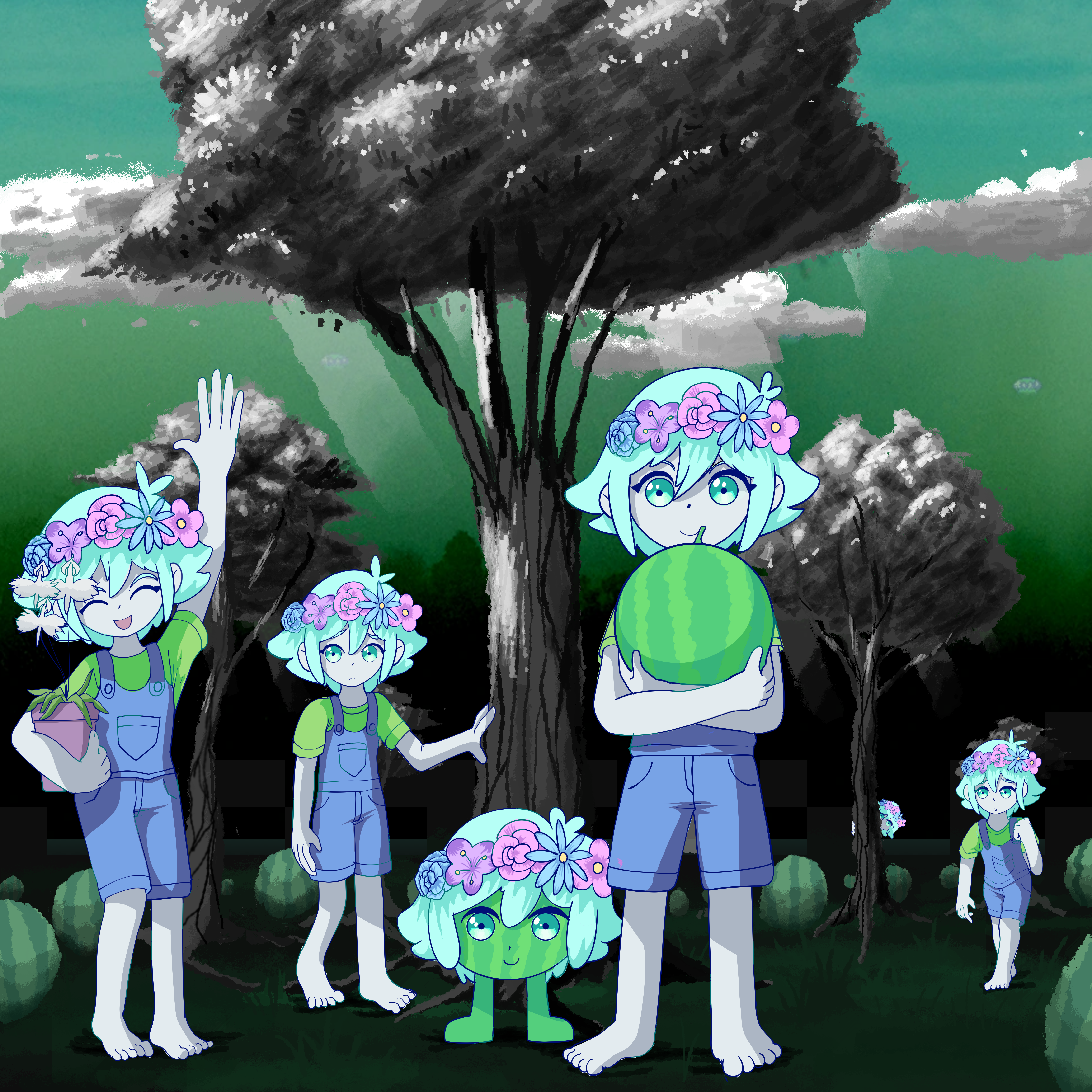 elecmaw, basil (headspace) (omori), basil (omori), omori, absurdres, highres, 1boy, blue eyes, crown, flower, food, fruit, green hair, head wreath, multiple boys, plant, rottenmelons, tree, watermelon