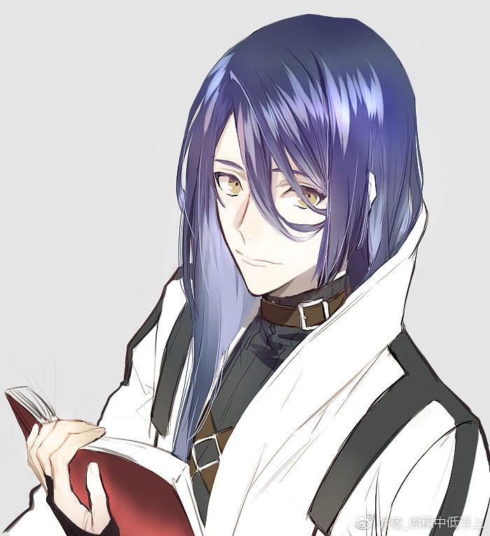 xrjingx, paracelsus von hohenheim (fate), fate/prototype, fate (series), 1boy, belt collar, blue hair, book, closed mouth, collar, fingerless gloves, gloves, grey background, high collar, holding, holding book, long hair, looking at viewer, male focus, simple background, solo, upper body, yellow eyes