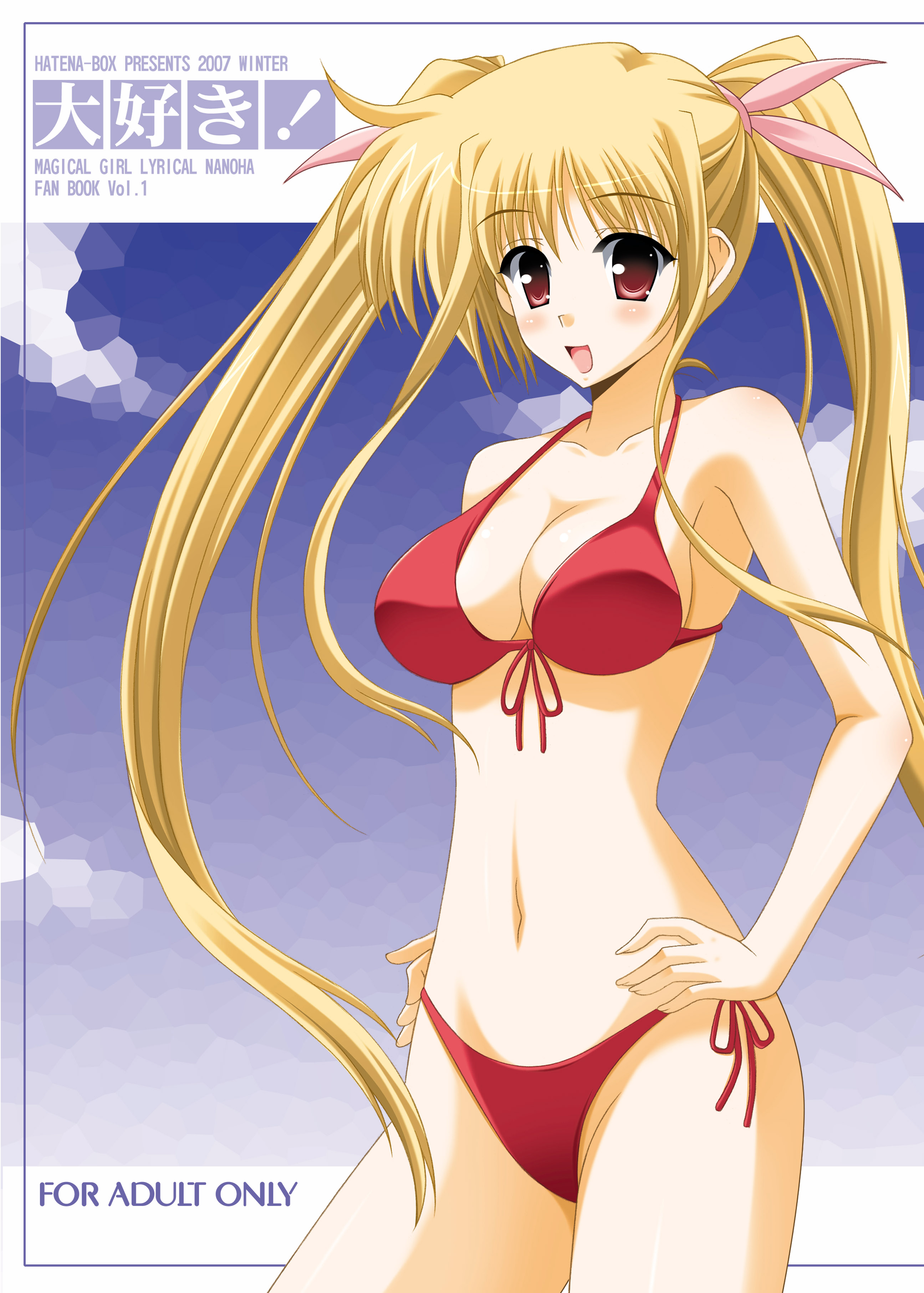 oda ken'ichi, fate testarossa, lyrical nanoha, mahou shoujo lyrical nanoha, mahou shoujo lyrical nanoha strikers, absurdres, highres, 00s, 1girl, bikini, blonde hair, breasts, female focus, front-tie top, large breasts, long hair, red bikini, red eyes, side-tie bikini bottom, solo, swimsuit, twintails, very long hair