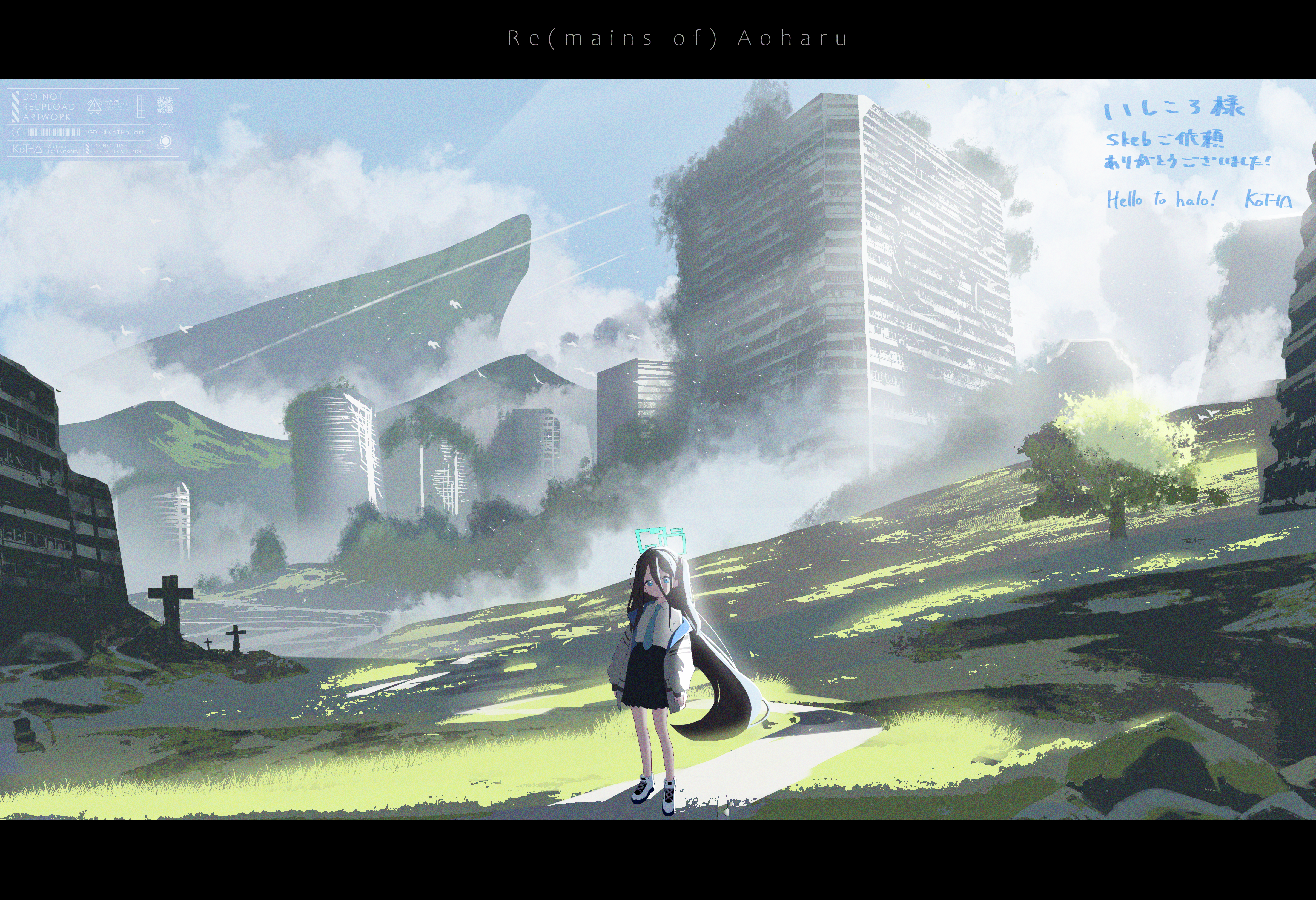 kotha art, aris (blue archive), blue archive, absurdres, highres, 1girl, black hair, black skirt, blue eyes, blue halo, blue necktie, blue sky, building, cloud, cloudy sky, grass, hair between eyes, halo, long hair, long hair between eyes, looking at viewer, necktie, outdoors, post-apocalypse, rectangular halo, ruins, scenery, skirt, sky, solo, standing, tree, very long hair, wide shot