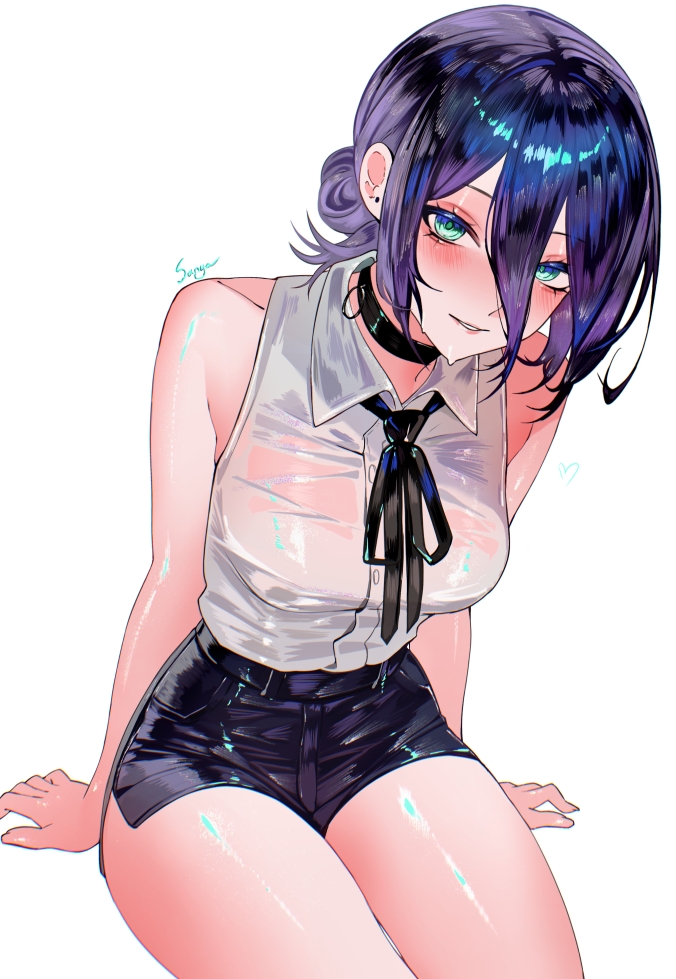 sanya (sanya lox228), reze (chainsaw man), chainsaw man, 1girl, arm support, black choker, black shorts, blue hair, breasts, choker, collared shirt, green eyes, grenade pin, hair between eyes, hair bun, invisible chair, medium breasts, shirt, short shorts, shorts, simple background, sitting, solo, white background, white shirt