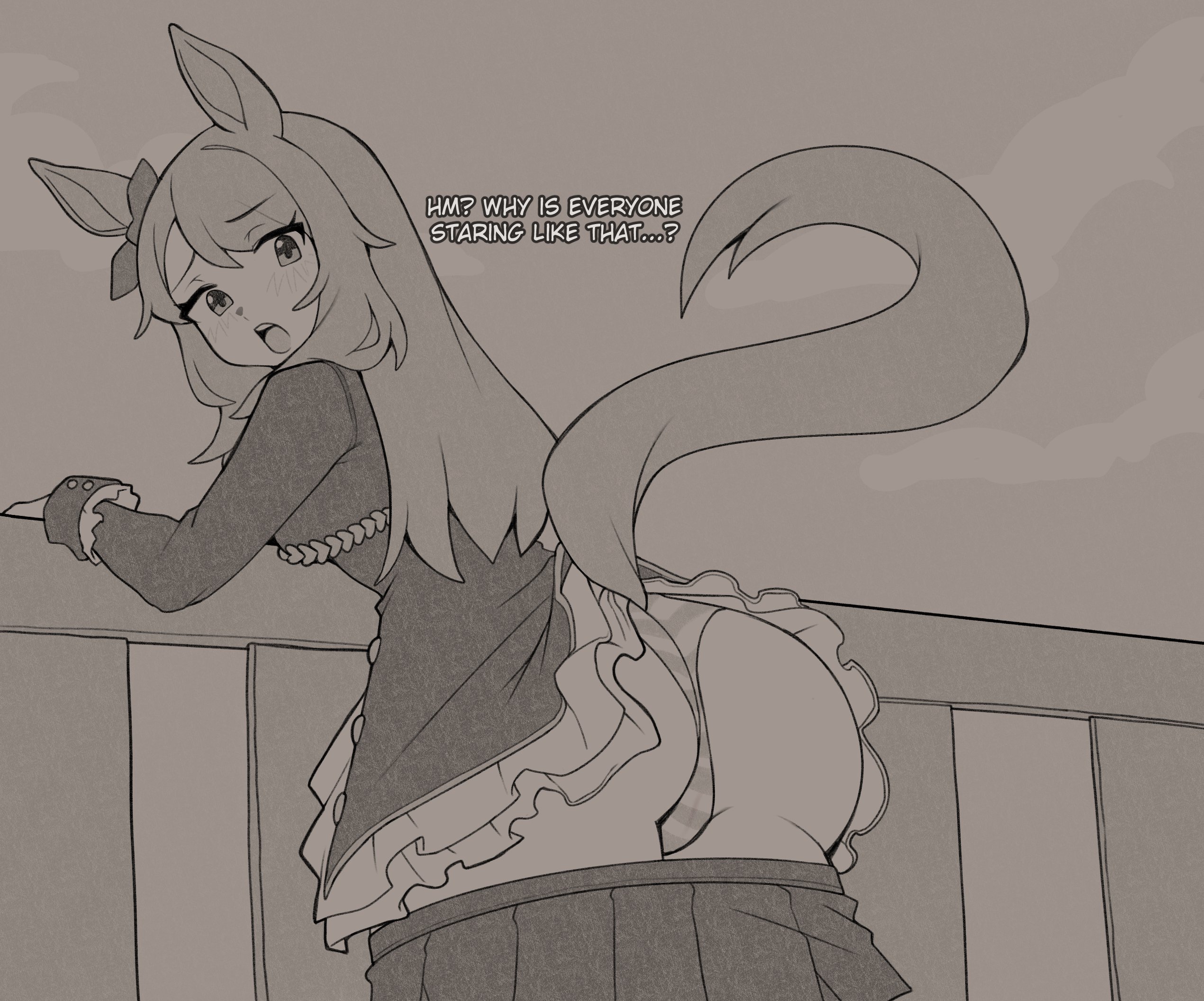 oniyanna, mejiro mcqueen (frontline elegance) (umamusume), mejiro mcqueen (umamusume), umamusume, highres, 1girl, animal ears, ass, bow, clothes pull, ear bow, frilled jacket, frills, from behind, greyscale, horse ears, horse girl, horse tail, jacket, long hair, looking back, monochrome, open mouth, panties, skirt, skirt pull, solo, standing, striped clothes, striped panties, tail, underwear