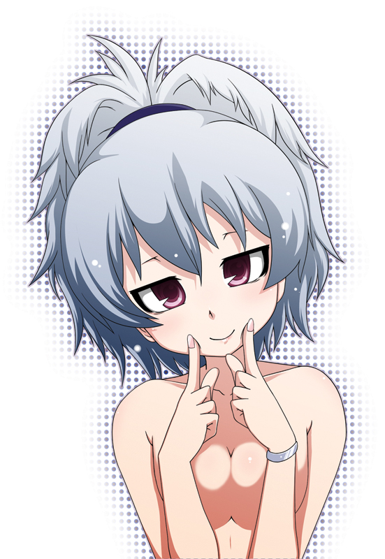 kaname nagi, yin (darker than black), darker than black, silver hair, bad id, bad pixiv id, 00s, 1girl, breasts, female focus, fingersmile, nude, ponytail, purple eyes, smile, solo