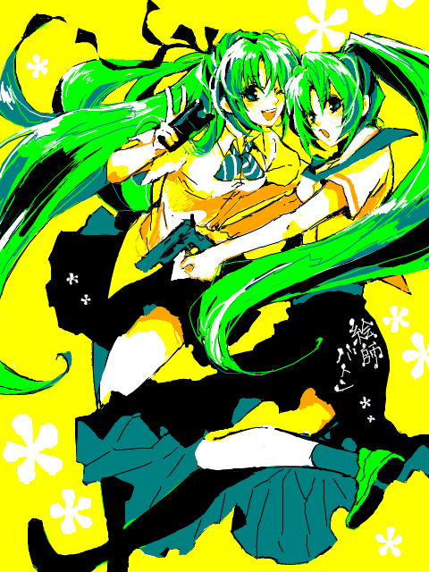 sonozaki mion, sonozaki shion, higurashi no naku koro ni, 00s, 2girls, electroshock weapon, green hair, gun, less-than-lethal weapon, long hair, multiple girls, oekaki, one eye closed, ponytail, school uniform, serafuku, siblings, sisters, stun gun, taser, twins, v, weapon, wink
