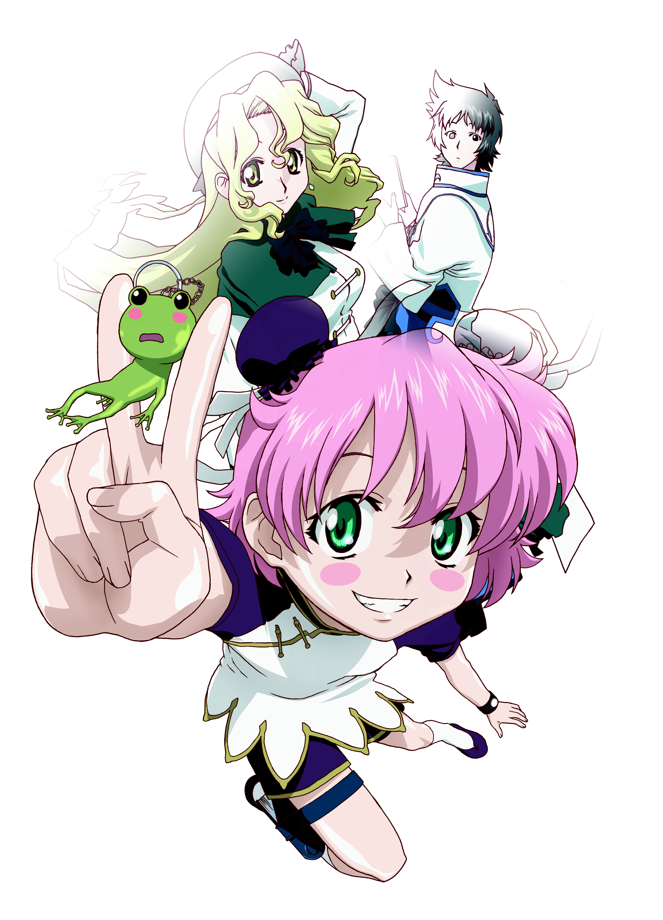 ishihama masashi, anita king, maggie mui, michelle cheung, r.o.d the tv, read or die, absurdres, highres, official art, 00s, 3girls, androgynous, beret, black eyes, black hair, blonde hair, blush, blush stickers, book, bun cover, capelet, charm (object), chinese clothes, double bun, earrings, flat chest, frog, green eyes, grin, hair bun, hat, jacket, jewelry, long hair, looking back, multiple girls, open book, pink hair, raglan sleeves, reading, sash, short hair, shorts, simple background, smile, stuffed animal, stuffed toy, thigh strap, tomboy, v, very long hair, wavy hair, wristband, yellow eyes