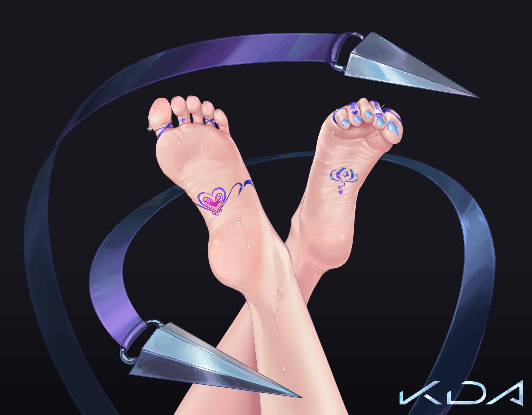 liang mu, highres, 1girl, anklet, barefoot, black background, blue nails, close-up, crossed legs, feet, feet up, foot focus, jewelry, nail polish, out of frame, purple nails, simple background, soles, solo, sweat, tattoo, toe ring, toenail polish, toenails, toes