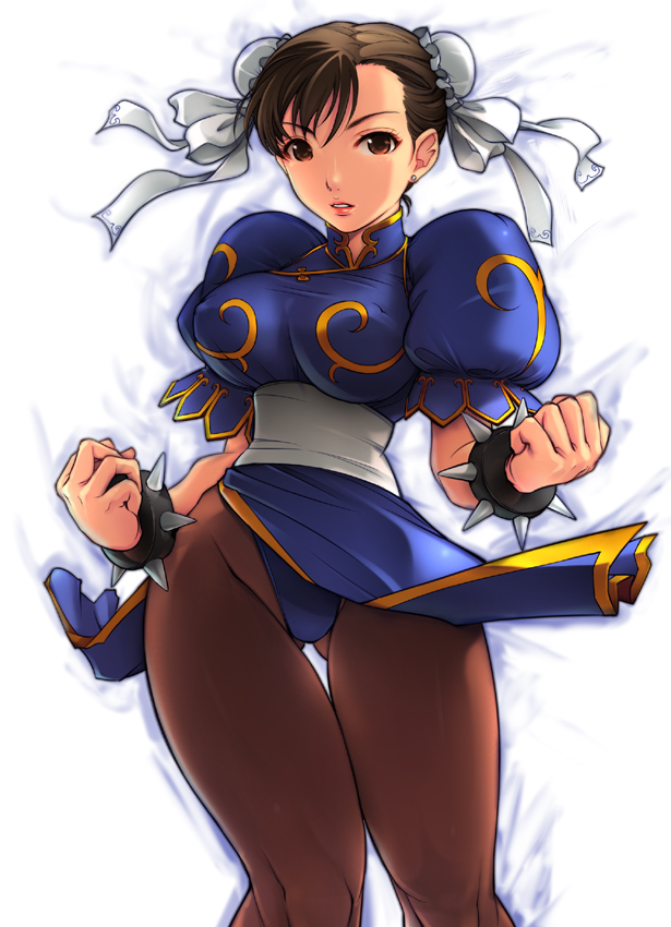 yoko juusuke, chun-li, capcom, street fighter, bad id, bad pixiv id, 1girl, aura, bracelet, breasts, brown eyes, brown hair, bun cover, china dress, chinese clothes, double bun, dress, female focus, hair bun, jewelry, large breasts, panties, pantyhose, pelvic curtain, solo, spiked bracelet, spikes, underwear