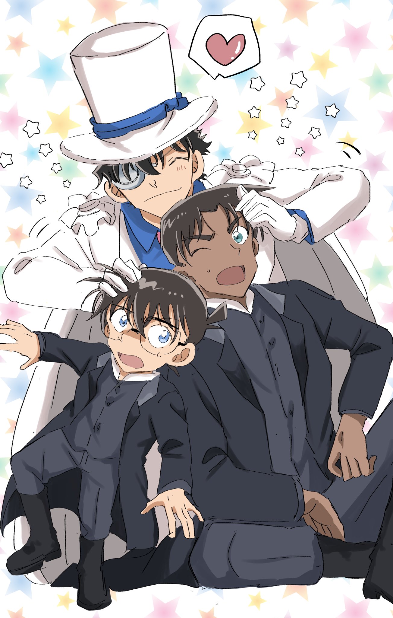beeemaru02, edogawa conan, hattori heiji, kaitou kid, magic kaito, meitantei conan, commentary request, highres, 3boys, ^ ^, blue eyes, blush, boots, brown hair, cape, closed eyes, dark-skinned male, dark skin, gloves, hat, heart, jacket, male focus, monocle, multiple boys, short hair, spoken heart, star (symbol), top hat, white gloves, white hat, white jacket